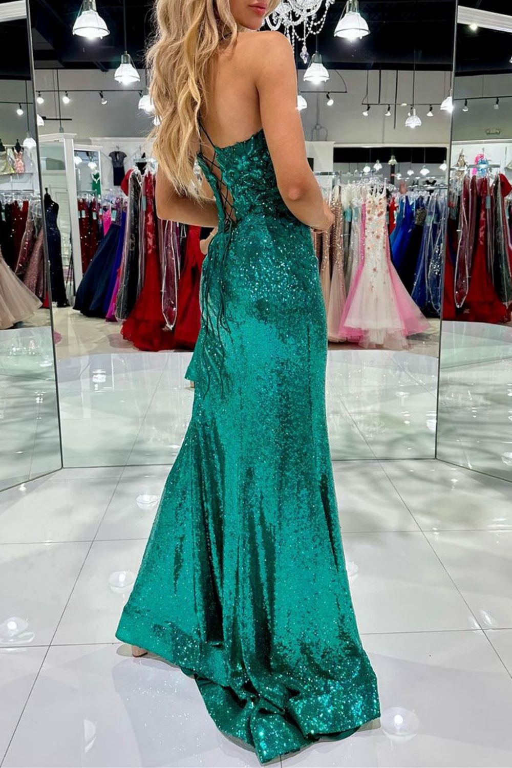 Bling Mermaid Spaghetti Straps Green Sequins Long Prom Dress with Split Front