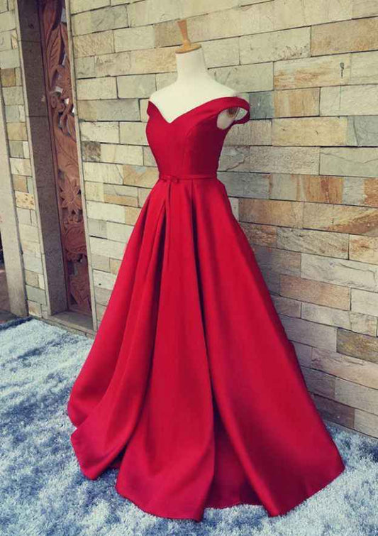 Off-The-Shoulder Sweep Train Satin Prom Dresses With Waistband