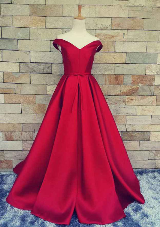 Off-The-Shoulder Sweep Train Satin Prom Dresses With Waistband