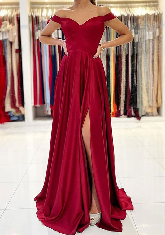 Off-the-Shoulder Long/Floor-Length Satin Prom Dress With Split