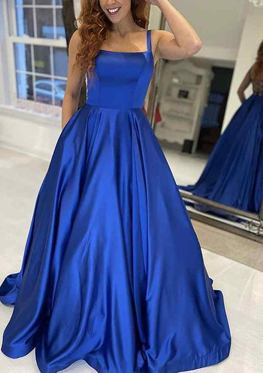 Square Neckline Sleeveless Sweep Train Satin Prom Dress With Pockets