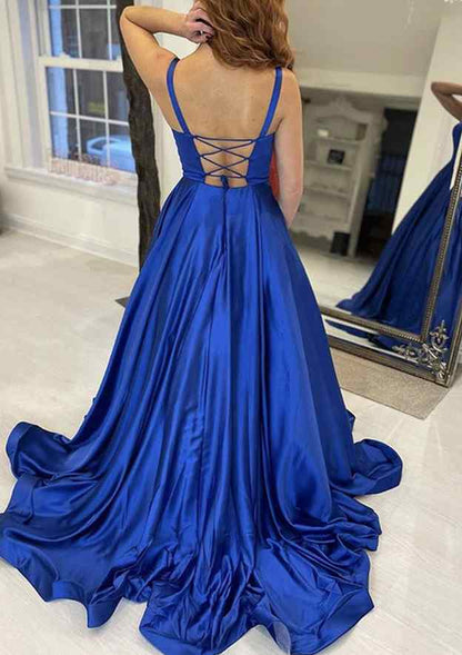 Square Neckline Sleeveless Sweep Train Satin Prom Dress With Pockets