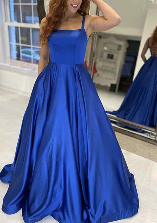 Square Neckline Sleeveless Sweep Train Satin Prom Dress With Pockets