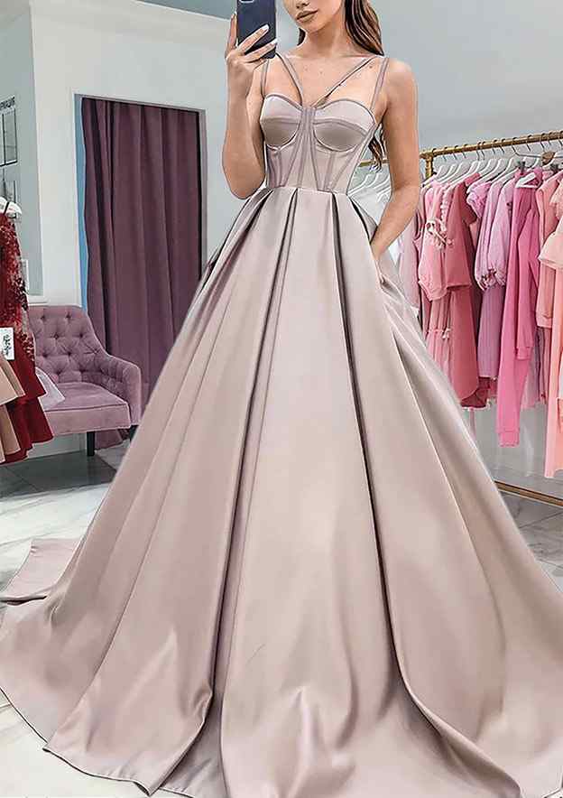Sweetheart Sleeveless Satin Sweep Train Prom Dress With Pockets