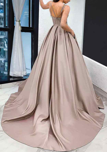 Sweetheart Sleeveless Satin Sweep Train Prom Dress With Pockets