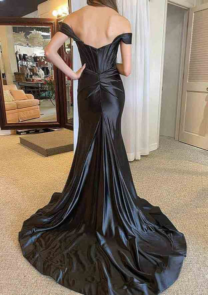Off-the-Shoulder Regular Straps Court Train Silk like Satin Prom Dress With Pleated Split