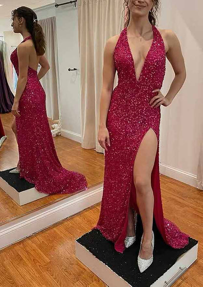 V Neck Sleeveless Court Train Velvet Sequins Prom Dress With Split