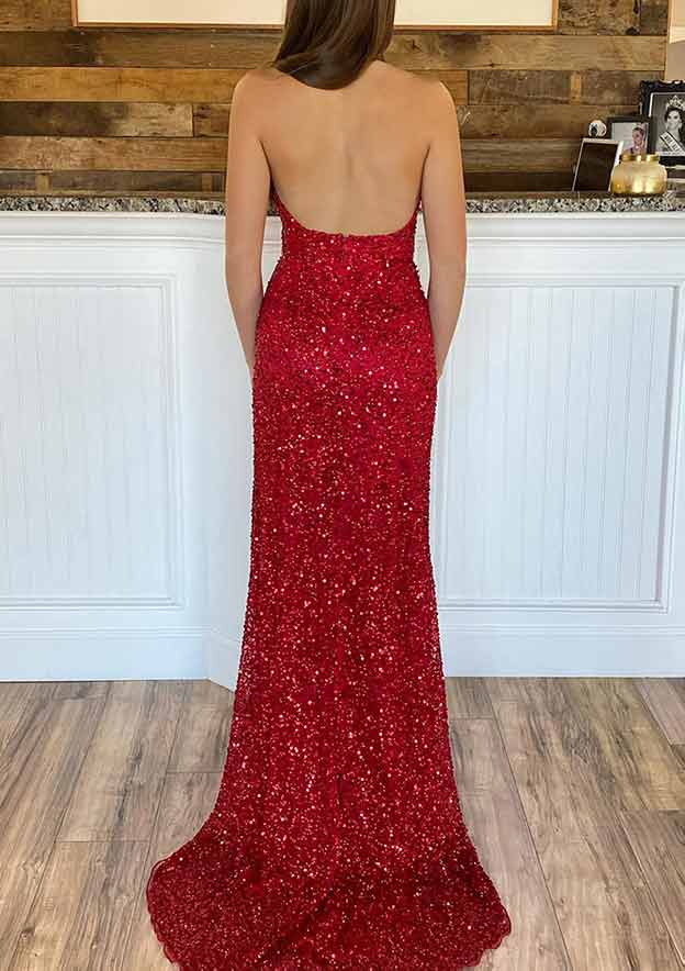 V Neck Sleeveless Court Train Velvet Sequins Prom Dress With Split