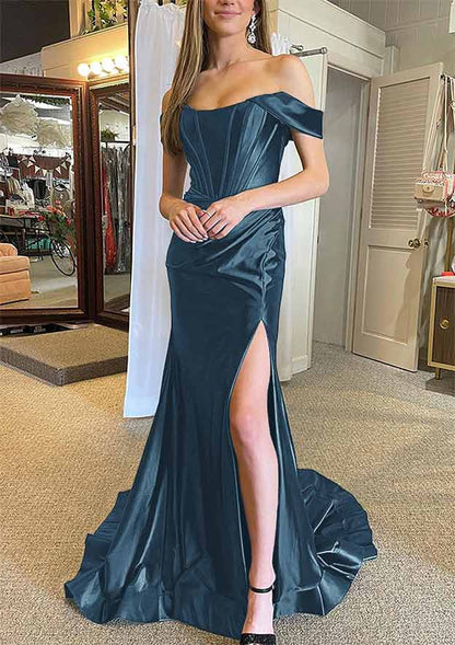 Off-the-Shoulder Regular Straps Court Train Silk like Satin Prom Dress With Pleated Split