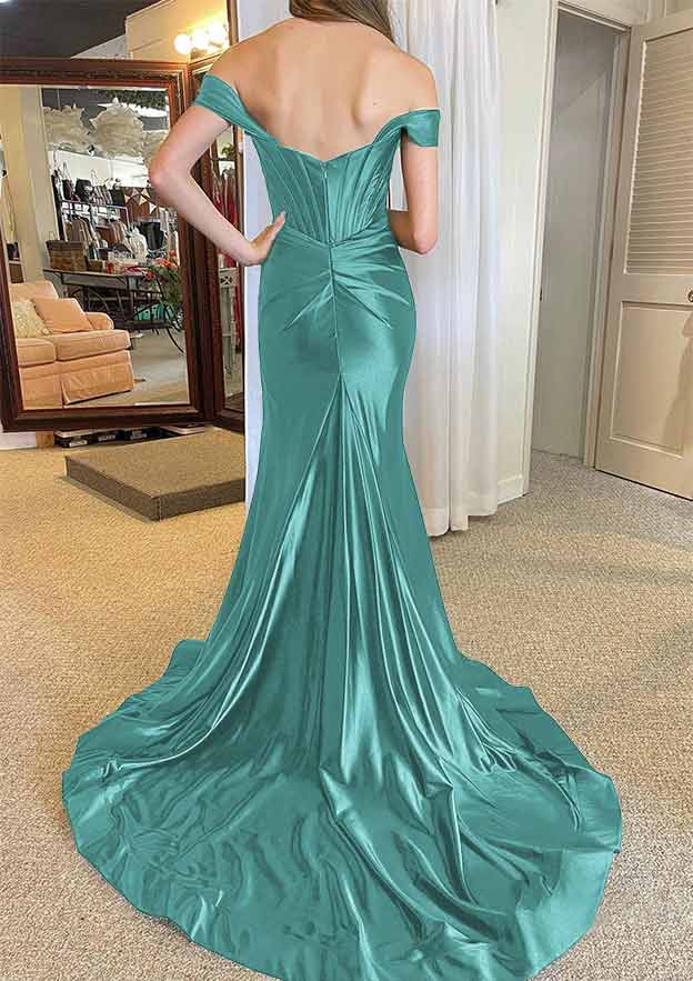Off-the-Shoulder Regular Straps Court Train Silk like Satin Prom Dress With Pleated Split
