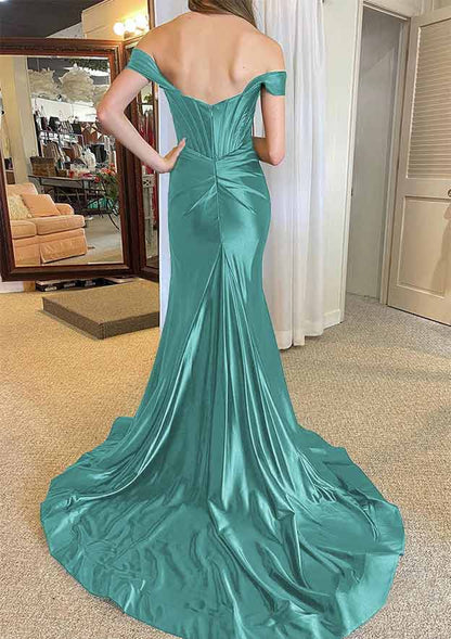 Off-the-Shoulder Regular Straps Court Train Silk like Satin Prom Dress With Pleated Split