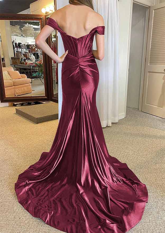 Off-the-Shoulder Regular Straps Court Train Silk like Satin Prom Dress With Pleated Split