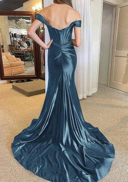 Off-the-Shoulder Regular Straps Court Train Silk like Satin Prom Dress With Pleated Split
