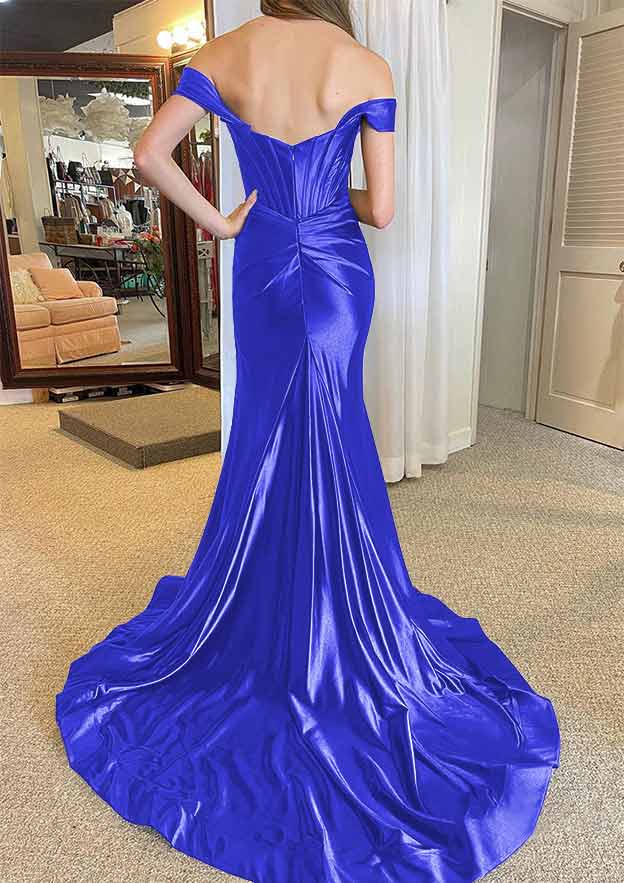 Off-the-Shoulder Regular Straps Court Train Silk like Satin Prom Dress With Pleated Split