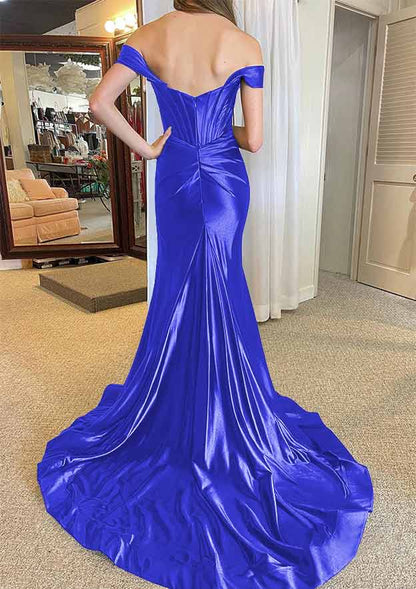 Off-the-Shoulder Regular Straps Court Train Silk like Satin Prom Dress With Pleated Split