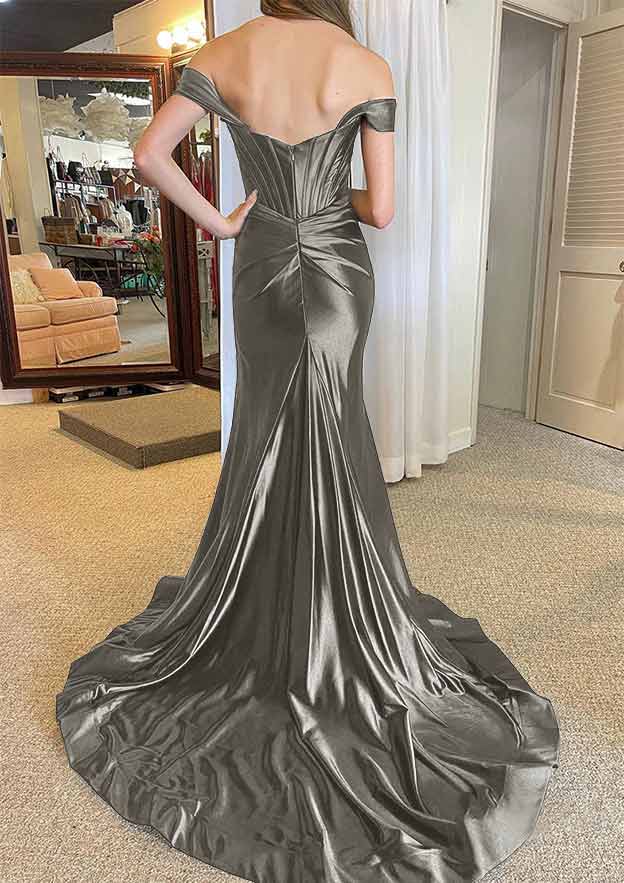Off-the-Shoulder Regular Straps Court Train Silk like Satin Prom Dress With Pleated Split