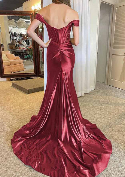 Off-the-Shoulder Regular Straps Court Train Silk like Satin Prom Dress With Pleated Split