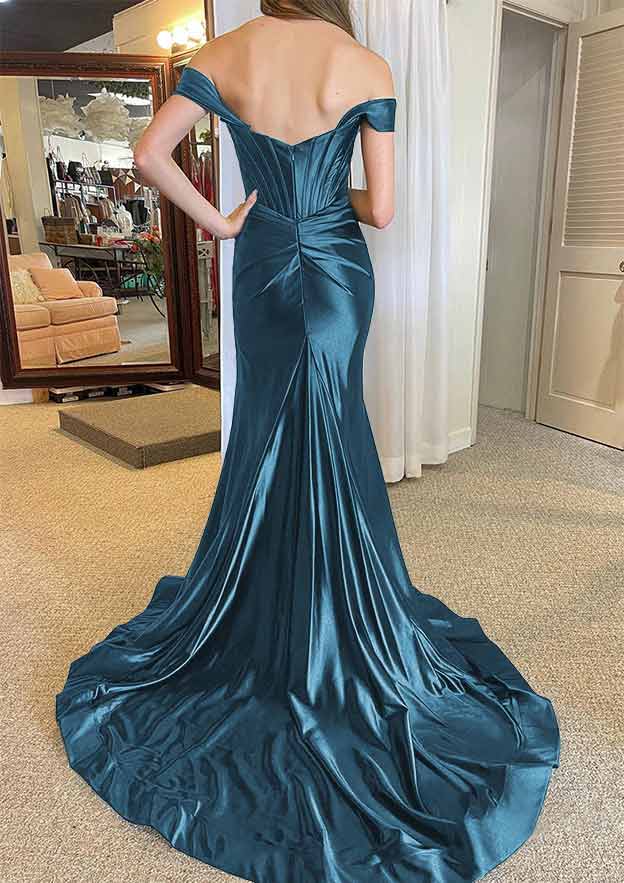 Off-the-Shoulder Regular Straps Court Train Silk like Satin Prom Dress With Pleated Split