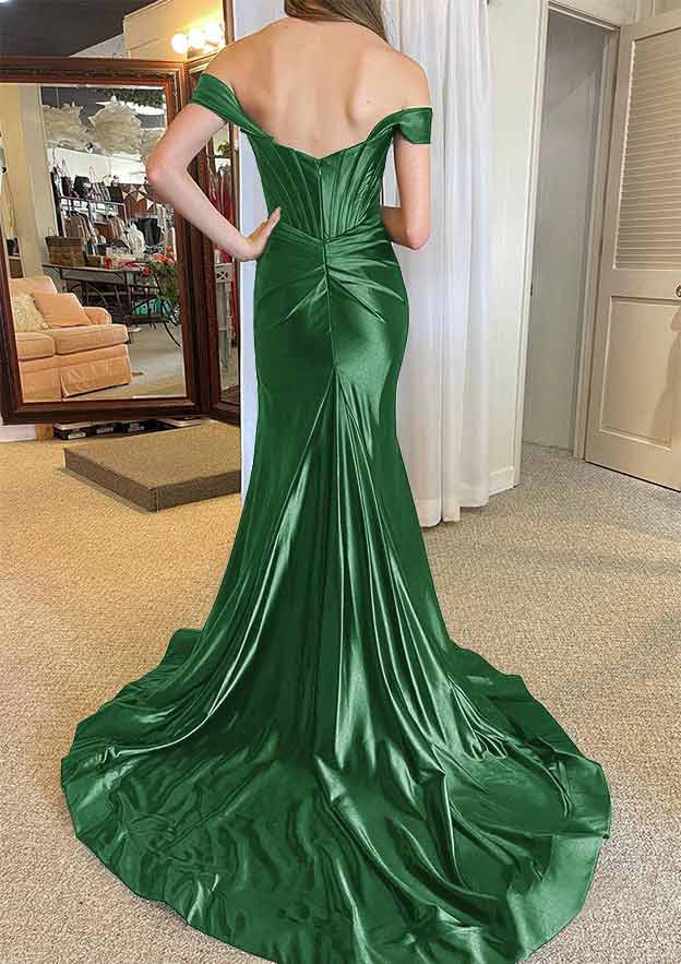 Off-the-Shoulder Regular Straps Court Train Silk like Satin Prom Dress With Pleated Split