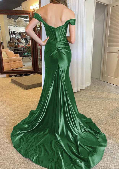 Off-the-Shoulder Regular Straps Court Train Silk like Satin Prom Dress With Pleated Split