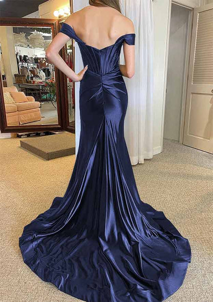 Off-the-Shoulder Regular Straps Court Train Silk like Satin Prom Dress With Pleated Split