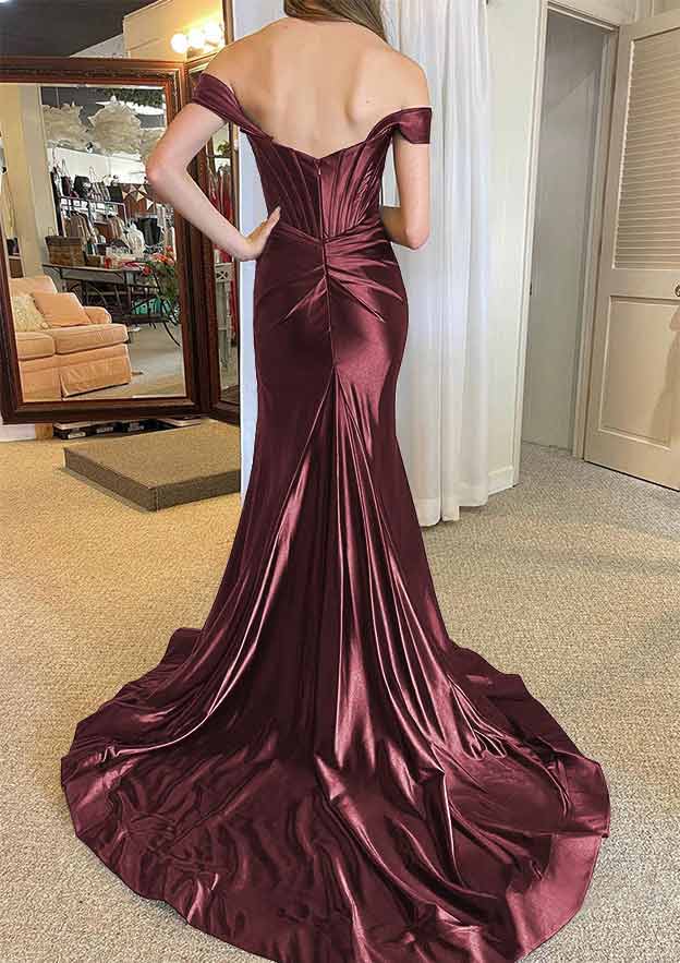 Off-the-Shoulder Regular Straps Court Train Silk like Satin Prom Dress With Pleated Split