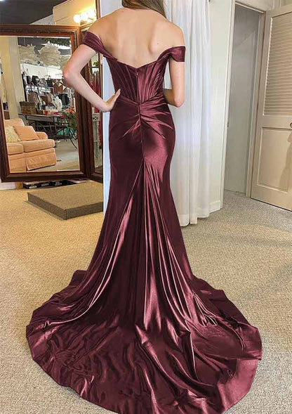 Off-the-Shoulder Regular Straps Court Train Silk like Satin Prom Dress With Pleated Split