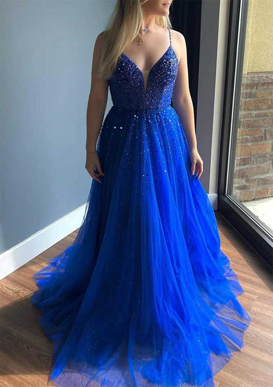 V Neck Sleeveless Court Train Tulle Prom Dress with Beading Sequins