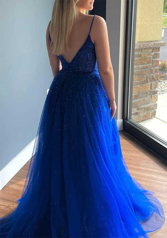 V Neck Sleeveless Court Train Tulle Prom Dress with Beading Sequins