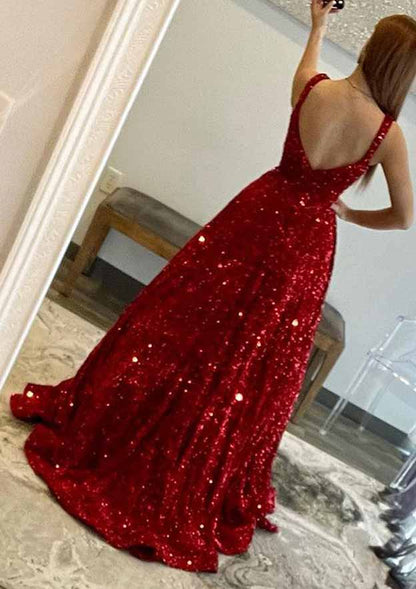 Square Neckline Sleeveless Sweep Train Velvet Sequins Prom Dress with Pockets