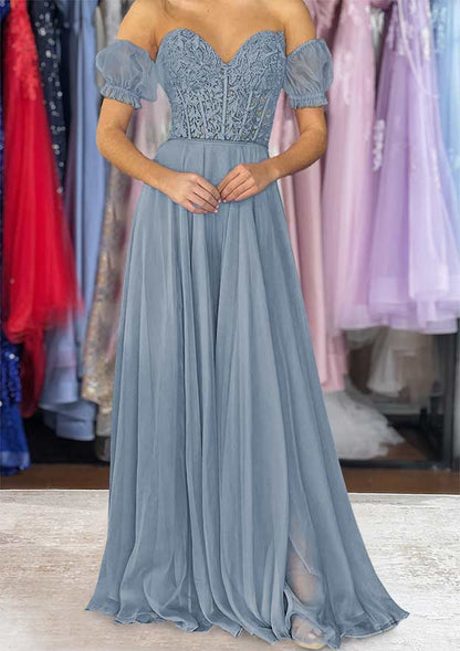 Strapless Long/Floor-Length Chiffon Prom Dress with Detachable Balloon Sleeves