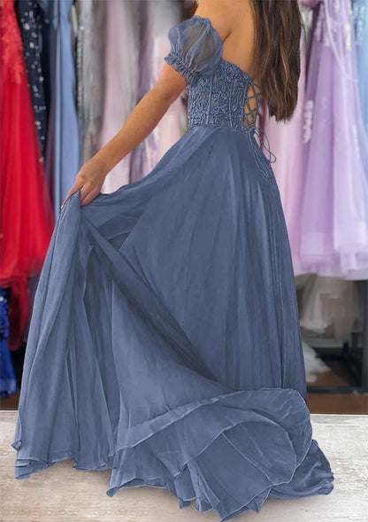 Strapless Long/Floor-Length Chiffon Prom Dress with Detachable Balloon Sleeves