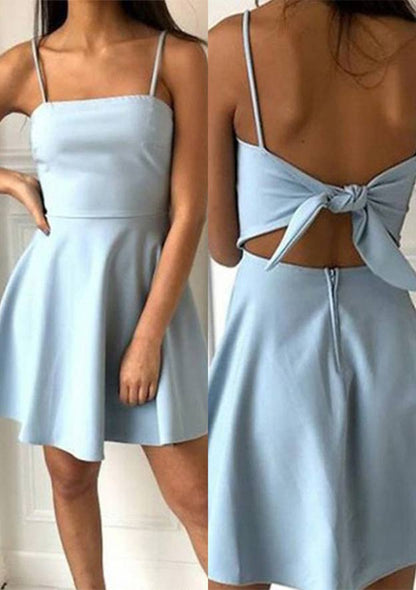 A-line Square Neckline Sleeveless Short/Mini Satin Homecoming Dress