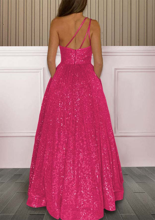 One-Shoulder Sleeveless Sweep Train Sequined Prom Dress with Pockets
