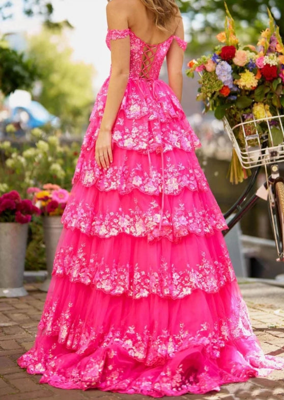 Princess A Line Off the Shoulder Fuchsia Corset Prom Dress with Ruffles