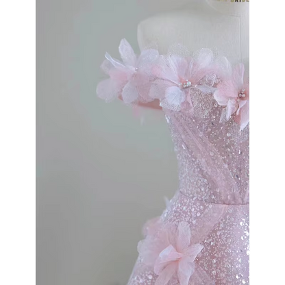 Off-the-Shoulder Floor Length High Feeling Pink Fairy Prom Dress With 3D Flower