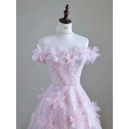 Off-the-Shoulder Floor Length High Feeling Pink Fairy Prom Dress With 3D Flower