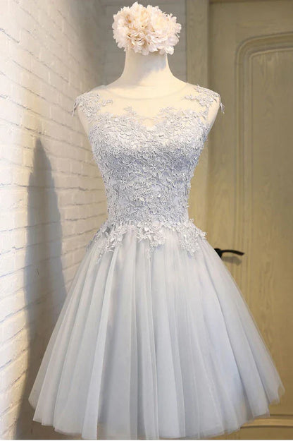 Simple round neck lace applique tulle short homecoming dress