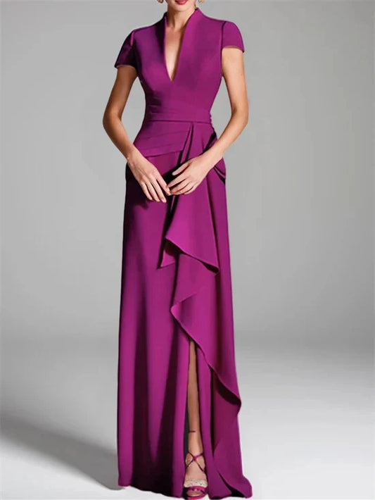 Magenta Crepe Sheath V‑Neck Short‑Sleeve Draped‑Slit Floor‑Length Mother Of The Bride Dress