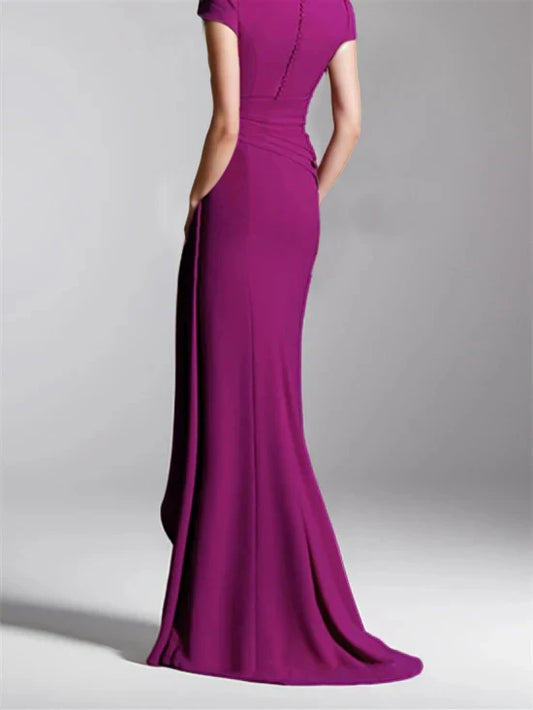 Magenta Crepe Sheath V‑Neck Short‑Sleeve Draped‑Slit Floor‑Length Mother Of The Bride Dress
