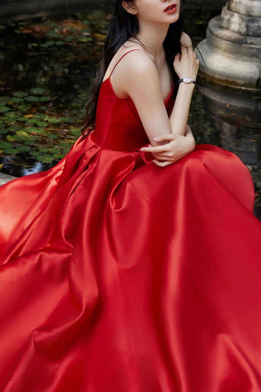 Classic A Line Spaghetti Straps Red Long Prom Dress Party Dress