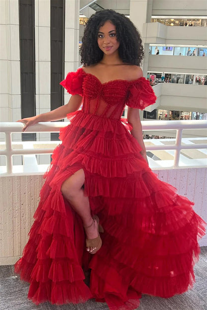 Charming A Line Off the Shoulder Red Corset Prom Dress with Ruffles