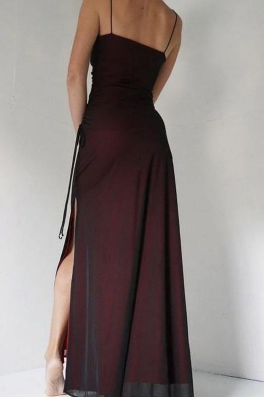 Sheath Spaghetti Straps Burgundy Long Prom Dress with Silt