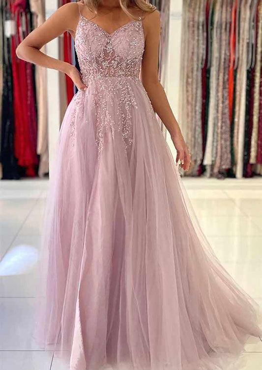 A-Line V-Neck Spaghetti Straps Long Prom Dresses With Split Side