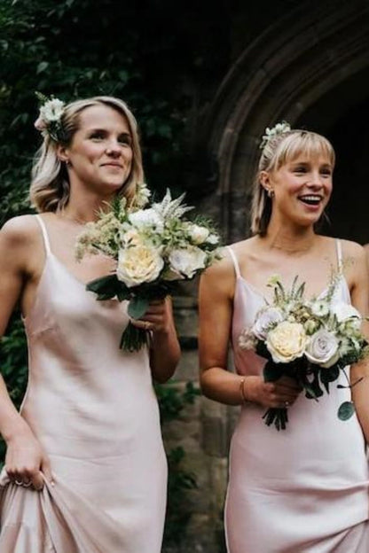 A Line Spaghetti Straps Light Champagne Long Bridesmaid Dress