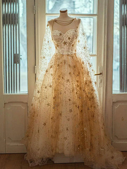 Champagne A line tulle long prom dress tulle Star long formal evening dress