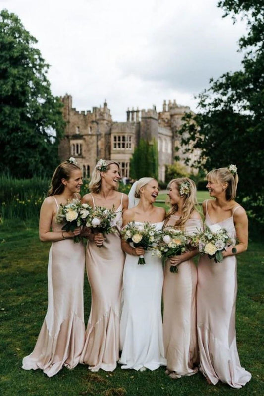 A Line Spaghetti Straps Light Champagne Long Bridesmaid Dress