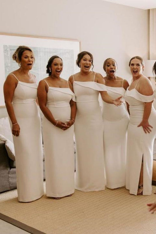 Classic Sheath Spaghetti Straps White Long Bridesmaid Dress with Split Front