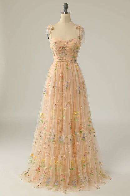Elegant A Line Spaghetti Straps Champagne Long Prom Dress with Embroidery