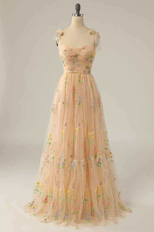 Elegant A Line Spaghetti Straps Champagne Long Prom Dress with Embroidery